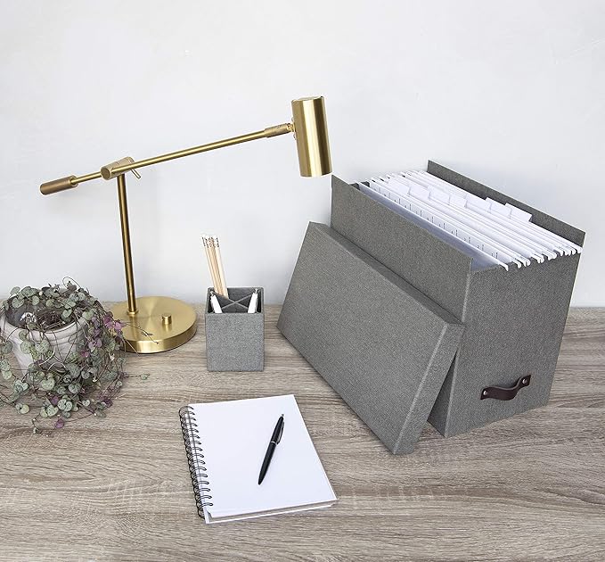 Bigso John Desktop File Box File Storage Box and Document Organizer for Important Paperwork Durable Hanging File Box with a Lid and Leather Handle 7.4’’ x 13’’ x 10.4’’ | Grey