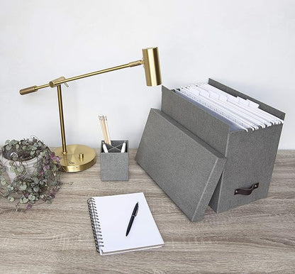 Bigso John Desktop File Box File Storage Box and Document Organizer for Important Paperwork Durable Hanging File Box with a Lid and Leather Handle 7.4’’ x 13’’ x 10.4’’ | Grey