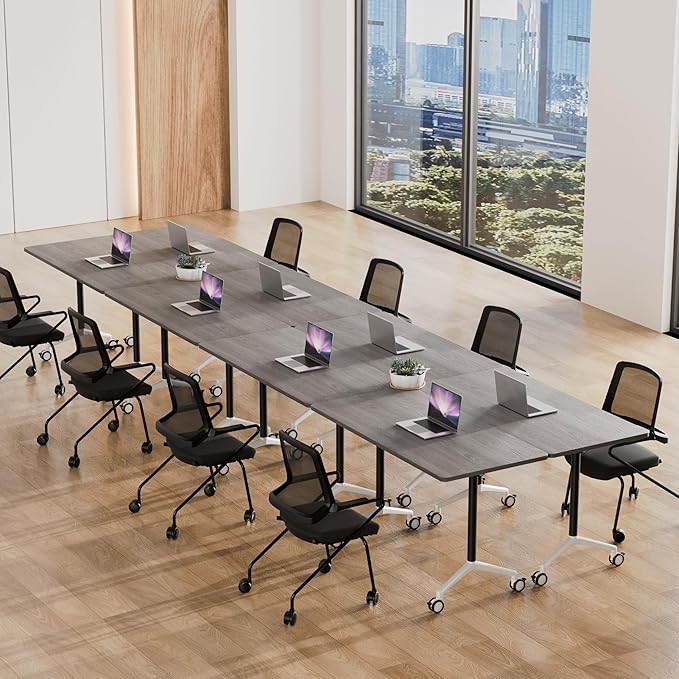 Conference Room Table, 55 Inch Folding Conference Tables with Wheels, Modern Office Meeting Table, Easy Flip & Nest Design, Rectangular Seminar Tables with Metal Frame for 2-24 People(C 4PCS)