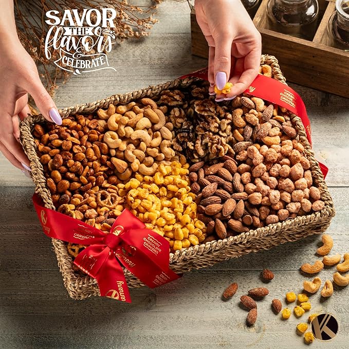KREMERY Gourmet Nut Gift Basket - Thanksgiving Mixed Nuts Gift Basket in Seagrass Tray with Ribbon (8 Assortments) Holiday Xmas Christmas Healthy Snack Care Package, Food Assortments