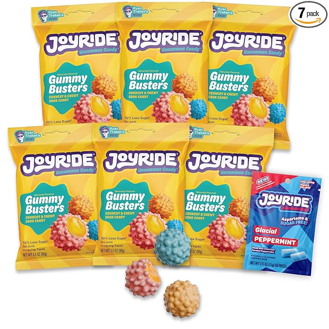 JOYRIDE Gummy Busters - 3.5 oz 6-Pack Bundle with 2.5oz Glacial Peppermint Gum, Low Sugar, Low Calorie Snacks, Dye Free Candy (7 Items)