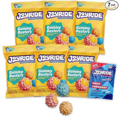 JOYRIDE Gummy Busters - 3.5 oz 6-Pack Bundle with 2.5oz Glacial Peppermint Gum, Low Sugar, Low Calorie Snacks, Dye Free Candy (7 Items)