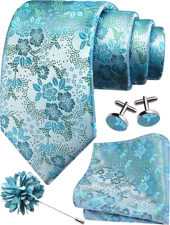 GUSLESON 3.15"（8cm） Mens Floral Tie and Lapel Pin Necktie Hankerchief Cufflinks Set for Men