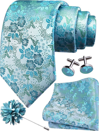 GUSLESON 3.15"（8cm） Mens Floral Tie and Lapel Pin Necktie Hankerchief Cufflinks Set for Men