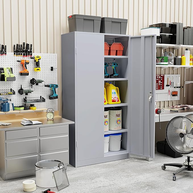 SUNCROWN 72" Metal Storage Cabinet - Heavy-Duty Metal Garage Cabinet with 4 Adjustable Shelves & 2 Doors for Tools, Office, Home, Workshop,Cement Grey
