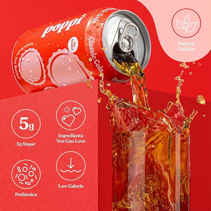 Poppi Sparkling Prebiotic Soda Beverage with Apple Cider Vinegar, Seltzer Water and Fruit Juice, Classic Cola Flavor, 12 oz, Pack of 12, Packaging May Vary