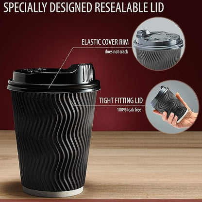 Primens Insulated Disposable Coffee Cups with Lids & Straws 12 oz, 100 Packs - Paper Cups for Hot Beverage Drinks To Go Tea Coffee Home Office Car Coffee Shop Party (Black)