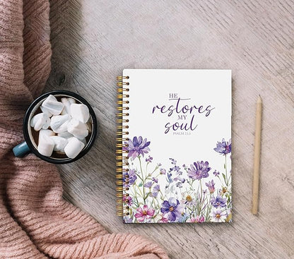 Christian Notebook for Women, Christian Art Gifts Journal, Prayer Journal for Women, Bible Journaling Notebook, PSALM 23:3 He Restores My Soul Floral Spiral Notebook 5.5x8.3