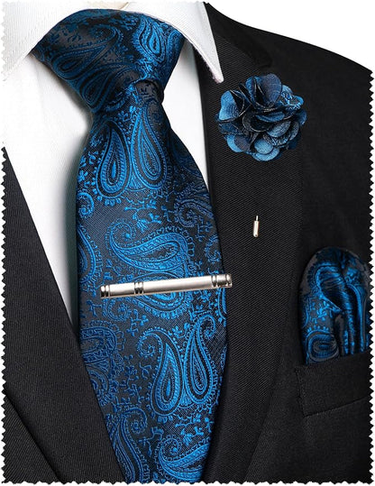 JEMYGINS Mens Paisley Tie and Lapel Pin Necktie Pocket Square and Tie Clip with Sets for Business Casual 4PCS