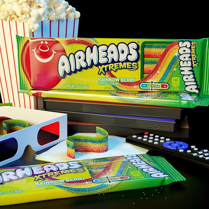 Airheads Xtremes Belts, Halloween Trick or Treat Sweetly Sour Candy, Rainbow Berry Flavor, Individually Wrapped Bulk Candy for Adults & Kids, Movie Theater, Party, Non-Melting, 3 oz (Pack of 12)