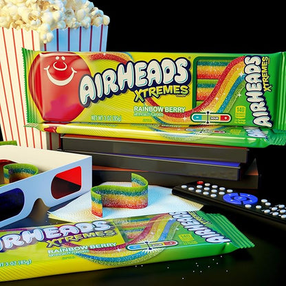 Airheads Xtremes Belts, Halloween Trick or Treat Sweetly Sour Candy, Rainbow Berry Flavor, Individually Wrapped Bulk Candy for Adults & Kids, Movie Theater, Party, Non-Melting, 3 oz (Pack of 12)