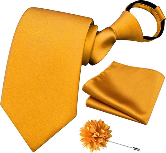 Branduce 3.15"（8cm） Pre-tied Adjustable Zipper Tie and Lapel Pin Solid Necktie Handkerchief Set for Men