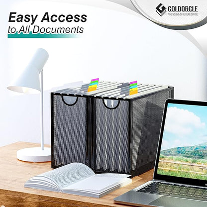 White Hanging File Organizer Box, Hanging File Folder Frame with 5 Letter-size Hanging Folders, Metal Mesh Desk File Folder Storage (No Assembly Required)