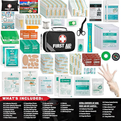 General Medi 2-in-1 First Aid Kit (215 Piece Set) + 43 Piece Mini First Aid Kit -Includes Ice(Cold) Pack, Moleskin Pad and Emergency Blanket for Travel, Home, Office, Car, Workplace(Black)