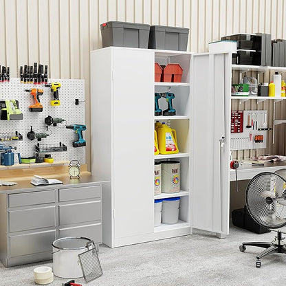 SUNCROWN 72" Metal Storage Cabinet - Heavy-Duty Metal Garage Cabinet with 4 Adjustable Shelves & 2 Doors for Tools, Office, Home, Workshop,White