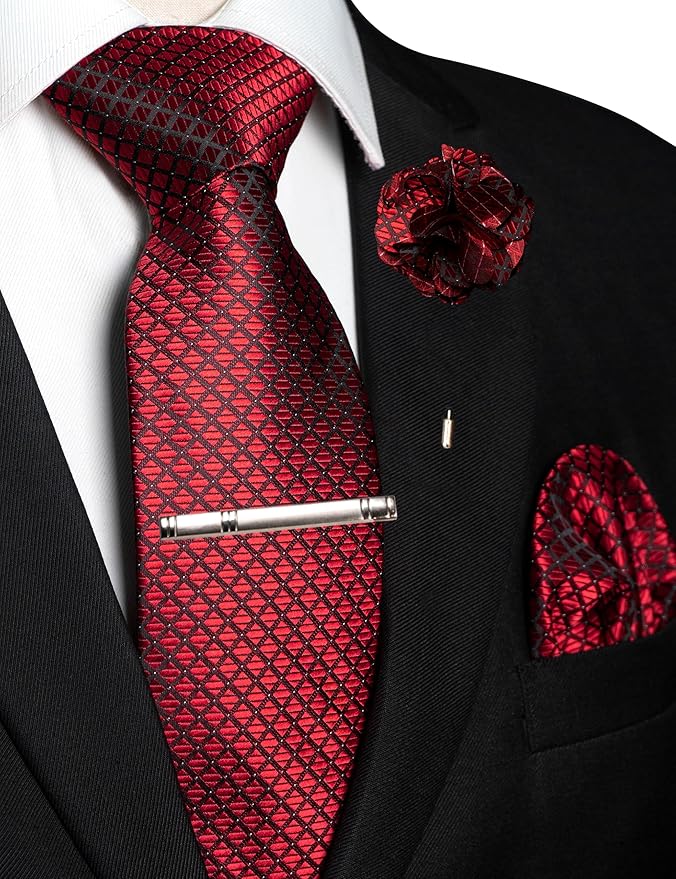 JEMYGINS Mens Solid Color Plaid Tie and Lapel Pin Necktie Pocket Square and Tie Clip with Sets for Business Casual 4PCS