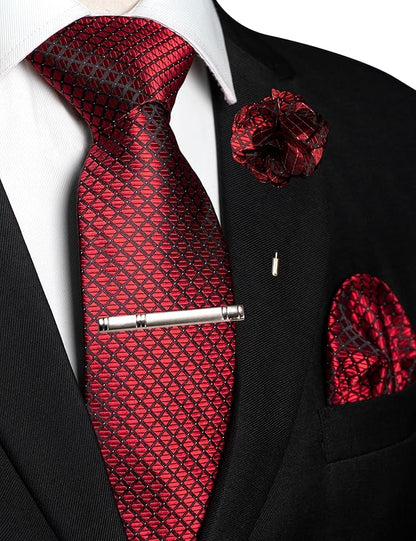 JEMYGINS Mens Solid Color Plaid Tie and Lapel Pin Necktie Pocket Square and Tie Clip with Sets for Business Casual 4PCS