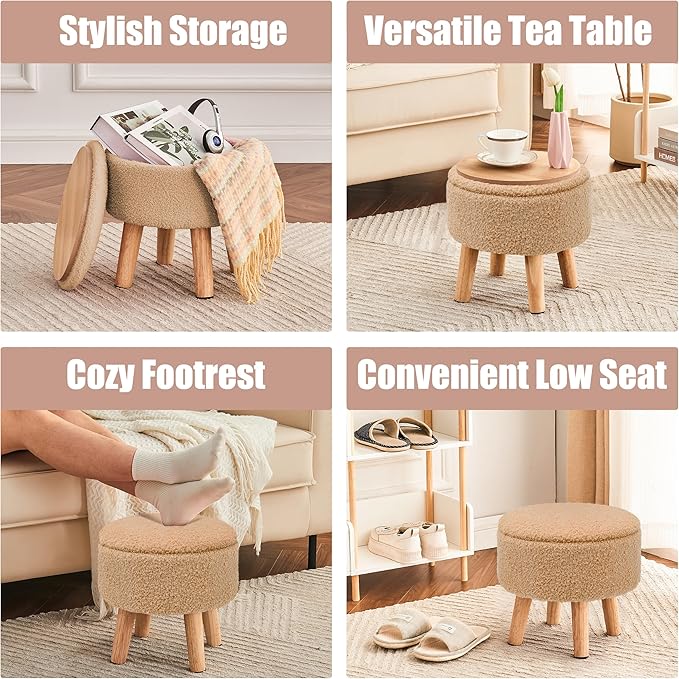 Poofzy Small Ottoman with Storage, Small Foot Stool Ottoman with Wood Legs, Sherpa Foot Rest for Couch, Living Room and Bedroom - Champagne