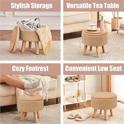 Poofzy Small Ottoman with Storage, Small Foot Stool Ottoman with Wood Legs, Sherpa Foot Rest for Couch, Living Room and Bedroom - Champagne