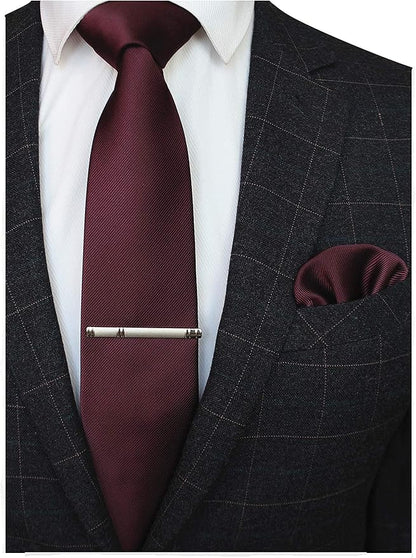 JEMYGINS Solid Color Formal Necktie and Pocket Square Tie Clip Sets for Men