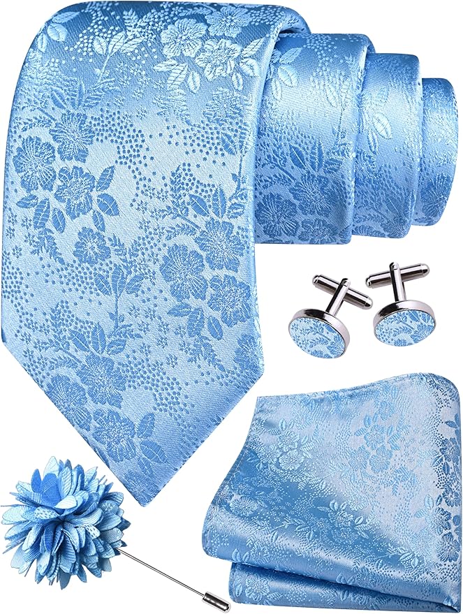 GUSLESON 3.15"（8cm） Mens Floral Tie and Lapel Pin Necktie Hankerchief Cufflinks Set for Men