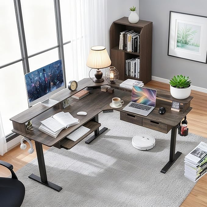 T4TREAM 60" Electric Standing Desk - L Shaped Desk with Monitor Stand, Charging Station & Remote Light, Home Office & Gaming Corner Computer Desk, Dark Rustic Oak