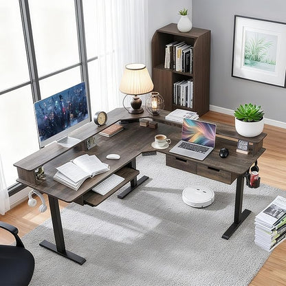 T4TREAM 60" Electric Standing Desk - L Shaped Desk with Monitor Stand, Charging Station & Remote Light, Home Office & Gaming Corner Computer Desk, Dark Rustic Oak