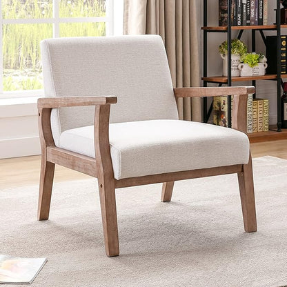 Wahson Comfy Living Room Chairs Set of 2, Linen Upholstered Accent Chairs, Farmhouse Armchairs with Natural Wood Frame, Oversized Decorative Chair for Bedroom, Beige