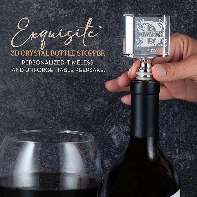 Personalized Crystal Wine Stopper - Custom Engraved Initial, Name & Date - 3D Glass Bottle Stopper with 6 Design Options - Square, Included Gift Box