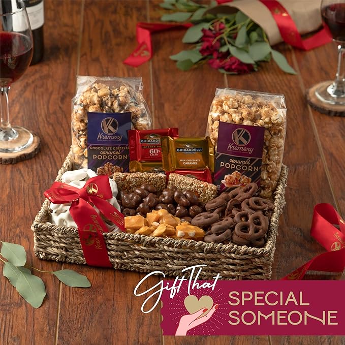 KREMERY Creamy Chocolate Cravings - Thanksgiving Chocolate Covered Pretzels & Caramel Popcorn Gift Basket, in Seagrass Tray + Ribbon (Premium, 2.5 lbs) Holiday Xmas Christmas