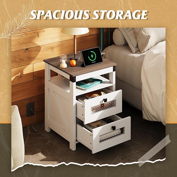 WLIVE Nightstand with Charging Station, Farmhouse End Table, Bed Side Table with 2 Storage Drawers and Open Shelf, Wood Rustic Nightstands for Bedroom, Living Room, White