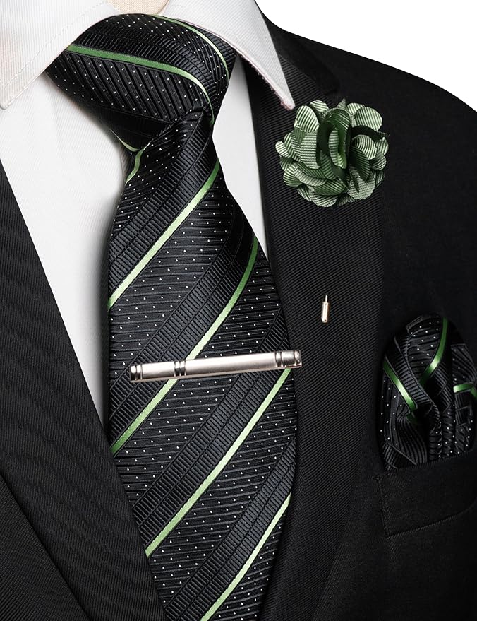 JEMYGINS Mens Striped Tie and Lapel Pin Necktie Pocket Square with Tie Clip Sets for Business Casual 4PCS