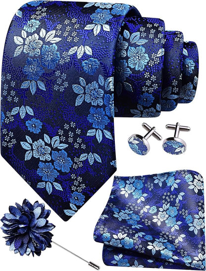 GUSLESON 3.15"（8cm） Mens Floral Tie and Lapel Pin Necktie Hankerchief Cufflinks Set for Men