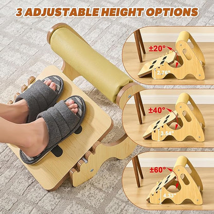 Foot Rest for Under Desk at Work- Adjustable Rocking Foot Stool with 3 Height Positions and Soft Crossbar, Ergonomic Wooden Footrest with Anti-Slip Surface for Home, Office