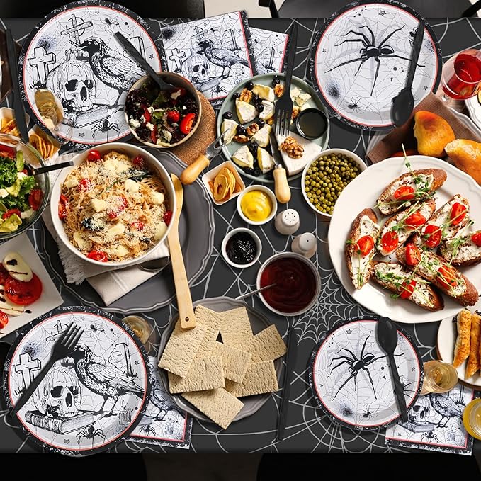 Halloween Party Plates Supplies,Disposable Vintage Skull,Spider Web Tableware Paper Plates and Napkins Cups Knives Spoons Forks for Halloween Birthday Baby Shower Party Decorations,Serve 25 Guests