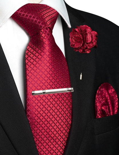 JEMYGINS Mens Solid Color Plaid Tie and Lapel Pin Necktie Pocket Square and Tie Clip with Sets for Business Casual 4PCS