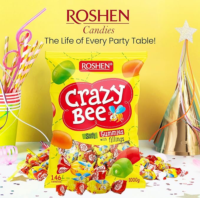 Roshen Crazy Bee Jelly Candy with Fruity Filling, Made with 6 Fruit Juices, Kosher, Halal 2.2lb/1kg