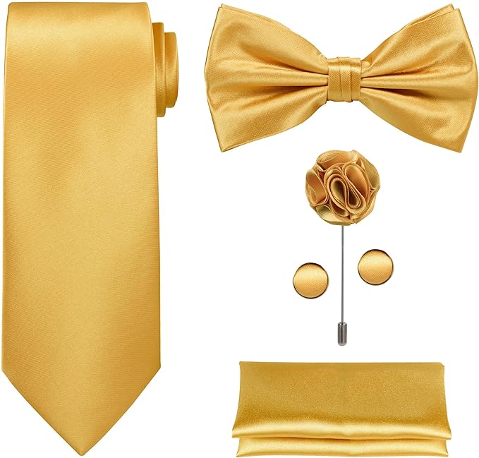 TIE G 5pcs Tie Set in WHITE OR BLACK GIFT BOX: Solid Color Necktie, Satin Bow Tie, Pocket Square, Lapel, Cuff Links