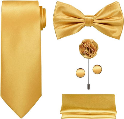 TIE G 5pcs Tie Set in WHITE OR BLACK GIFT BOX: Solid Color Necktie, Satin Bow Tie, Pocket Square, Lapel, Cuff Links