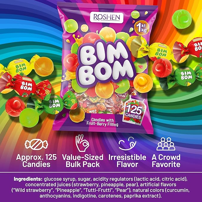 Roshen Bim Bom Hard Candy with Fruit Flavor Filling Kosher and Halal, Delicious, Flavorful Hard Sweets Bulk Candy 1kg/2.2lbs