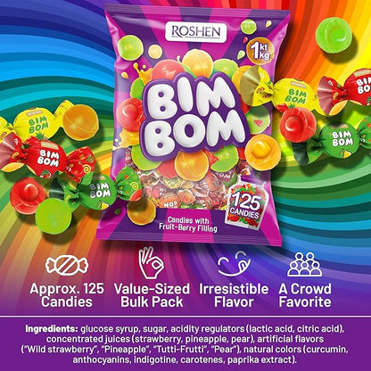 Roshen Bim Bom Hard Candy with Fruit Flavor Filling Kosher and Halal, Delicious, Flavorful Hard Sweets Bulk Candy 1kg/2.2lbs