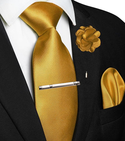 JEMYGINS Formal Necktie Solid Color Tie and Pocket Square with Tie Clip Lapel Pin Sets for Men 4PCS