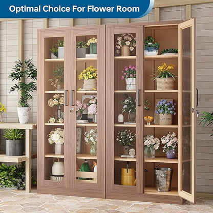 Display Storage Cabinet with Glass Door, 71 Inches Metal Curio Cabinet with 4 Adjustable Shelves, Locking Glass Display Case for Home, Office, Clinic, Pantry, Assemble Required (Wood Color)