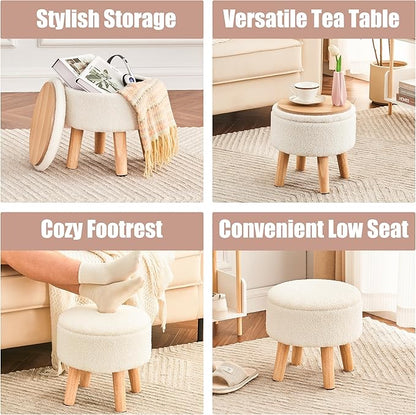 Poofzy Small Ottoman with Storage, Small Foot Stool Ottoman with Wood Legs, Sherpa Foot Rest for Couch, Living Room and Bedroom - White