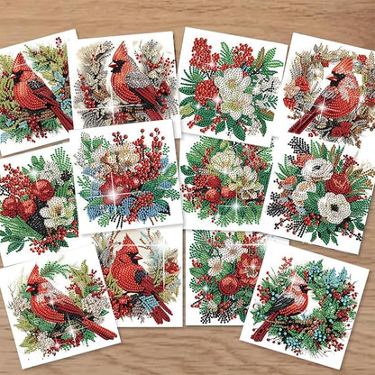jinglinhh 12pcs Diamond Art Painting Christmas Cardinal Greeting Cards with Envelopes, DIY Card Making Kits for Adults, Diamond Art Christmas Cards for Birthday Holiday Postcards Craft Gifts