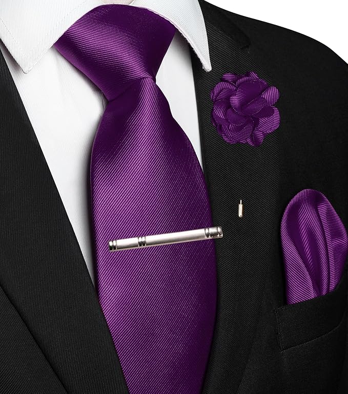 JEMYGINS Formal Necktie Solid Color Tie and Pocket Square with Tie Clip Lapel Pin Sets for Men 4PCS