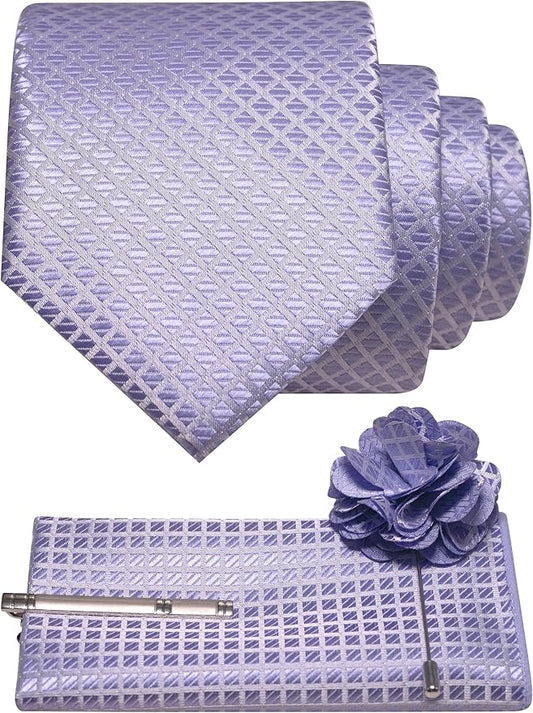 JEMYGINS Mens Solid Color Plaid Tie and Lapel Pin Necktie Pocket Square and Tie Clip with Sets for Business Casual 4PCS