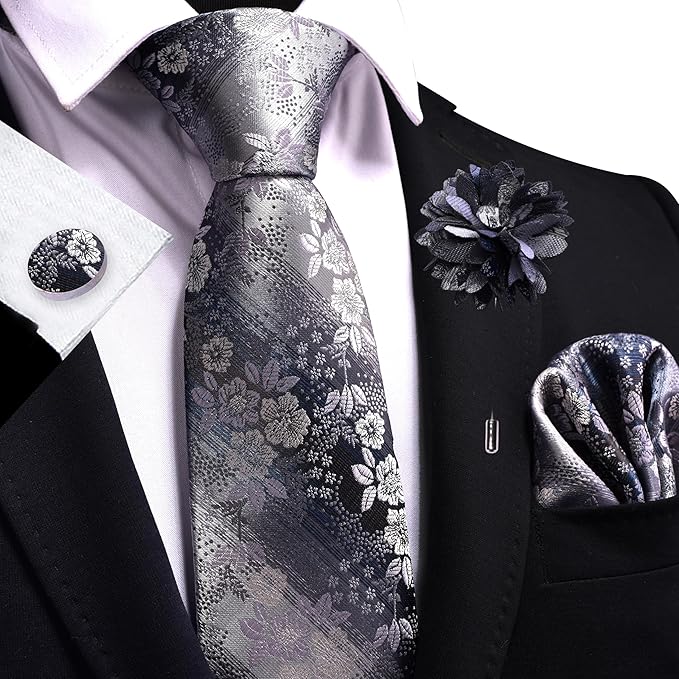 GUSLESON 3.15"（8cm） Mens Floral Tie and Lapel Pin Necktie Hankerchief Cufflinks Set for Men