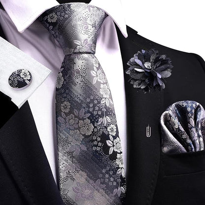 GUSLESON 3.15"（8cm） Mens Floral Tie and Lapel Pin Necktie Hankerchief Cufflinks Set for Men