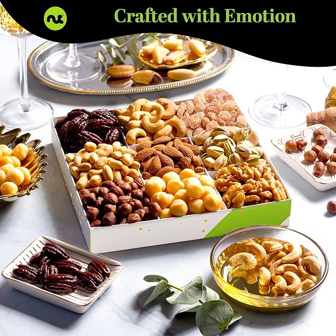 NUT CRAVINGS - Thanksgiving Mixed Nuts Gift Basket in White Gold Box (9 Assortments) Holiday Xmas Christmas Food Arrangement, Healthy Snack Care Package, Food Assortments